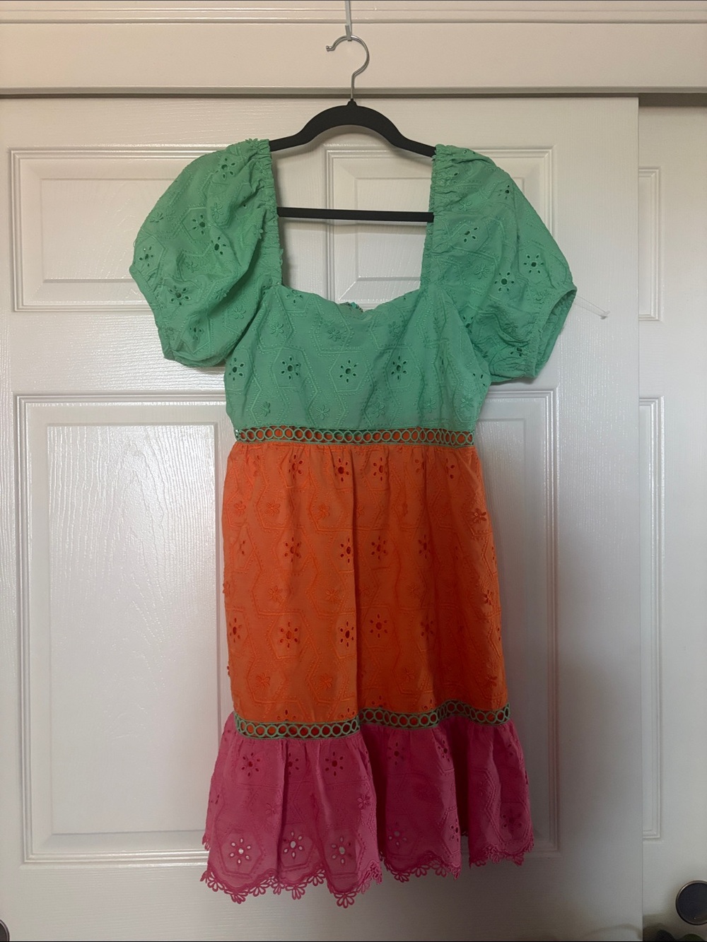 Greylin Colorblock Eyelet Dress in Mint, Orange & Pink